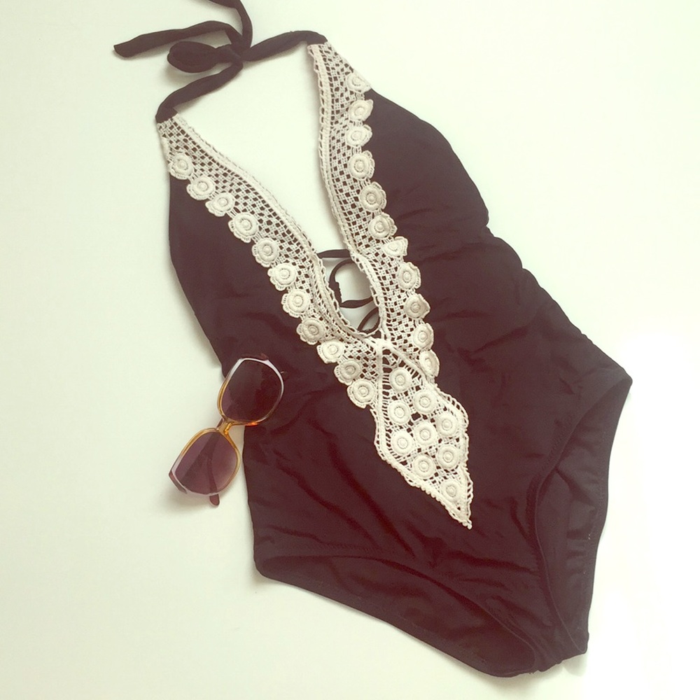 Mossimo Black & Crochet Plunge Front Swimsuit